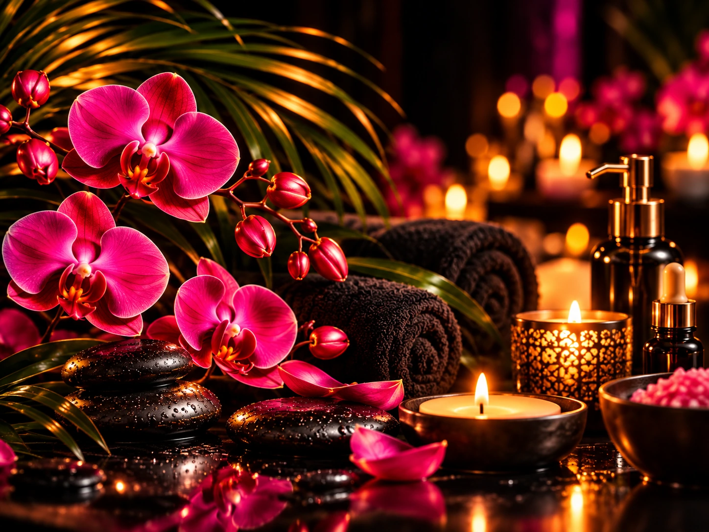 Relaxing spa towel and candle setting